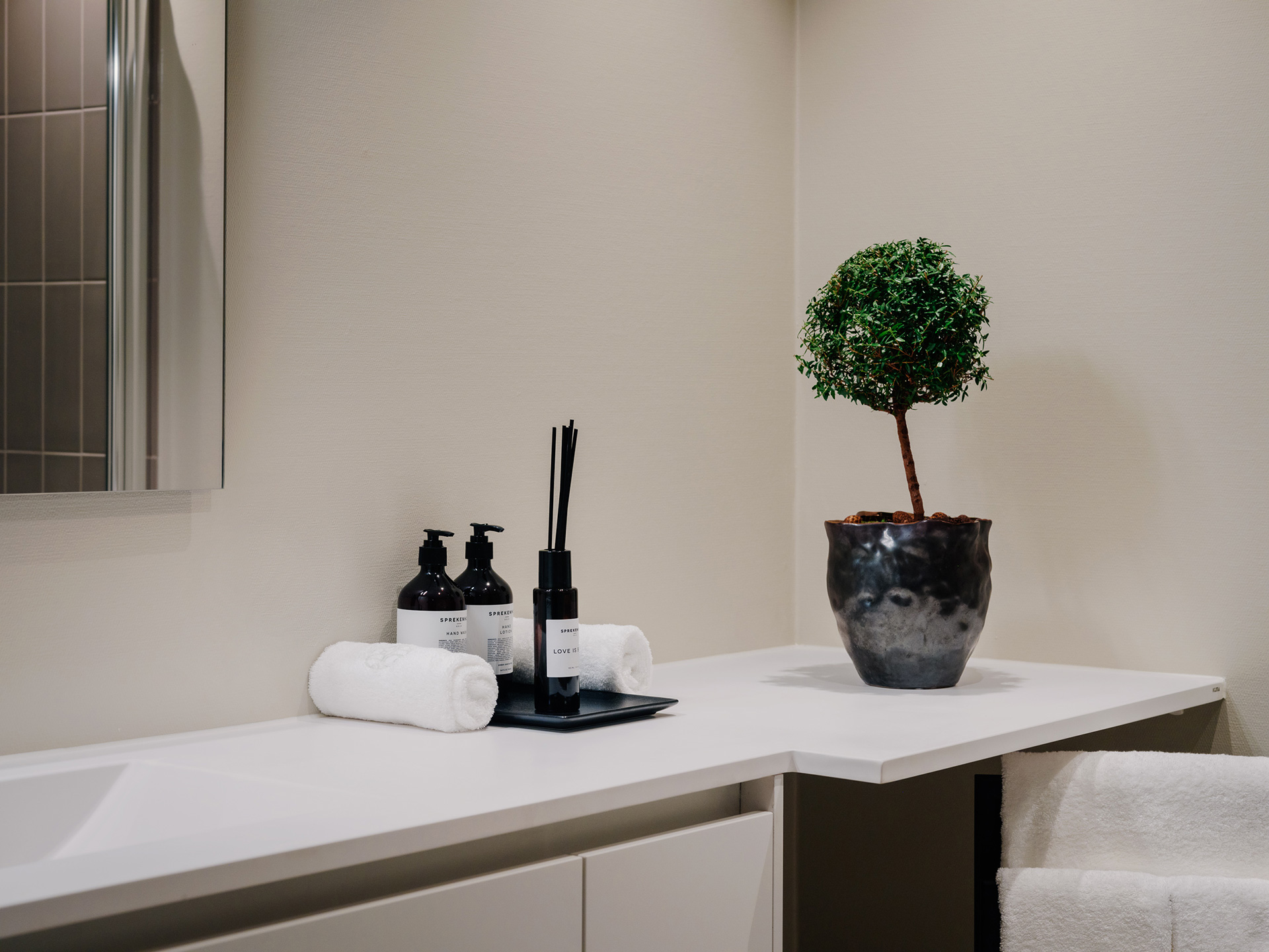 Baderomsinnredning med plante og håndklær