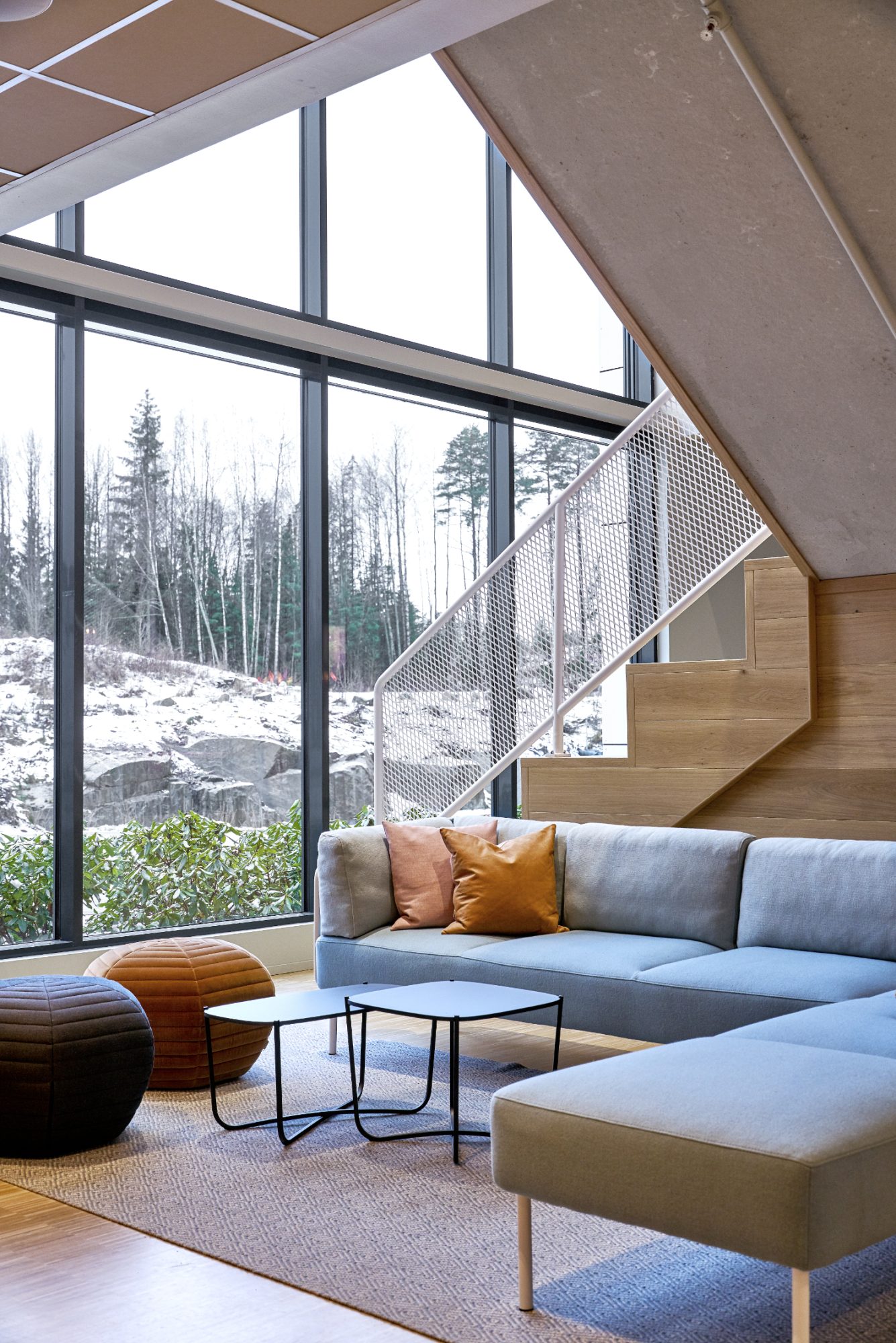 Stue med utsikt til skog og snødekt bakke
