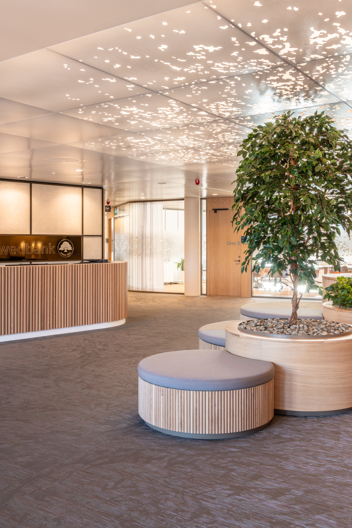 Moderne resepsjon med plante og sitteplasser