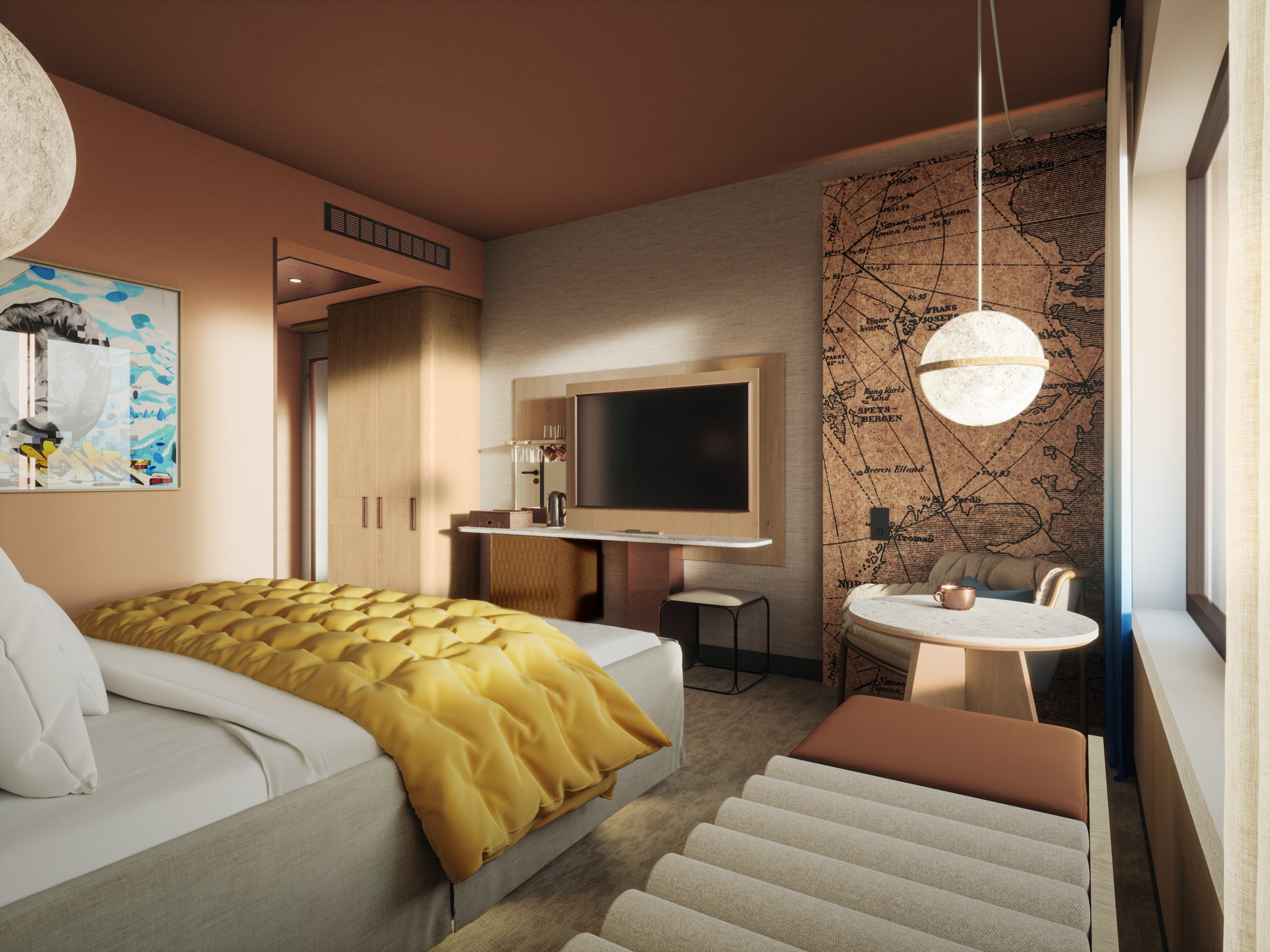 Luksuriøst hotellrom med gult sengeteppe