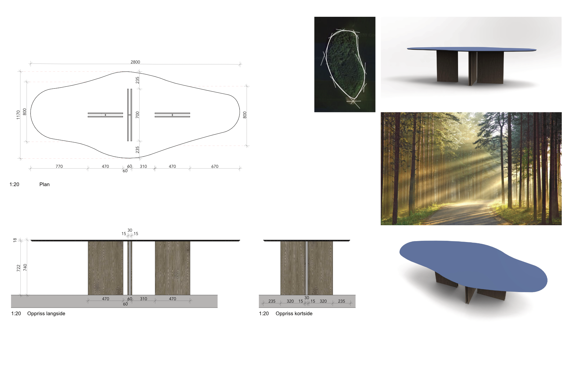 Design og dimensjoner av oval bord