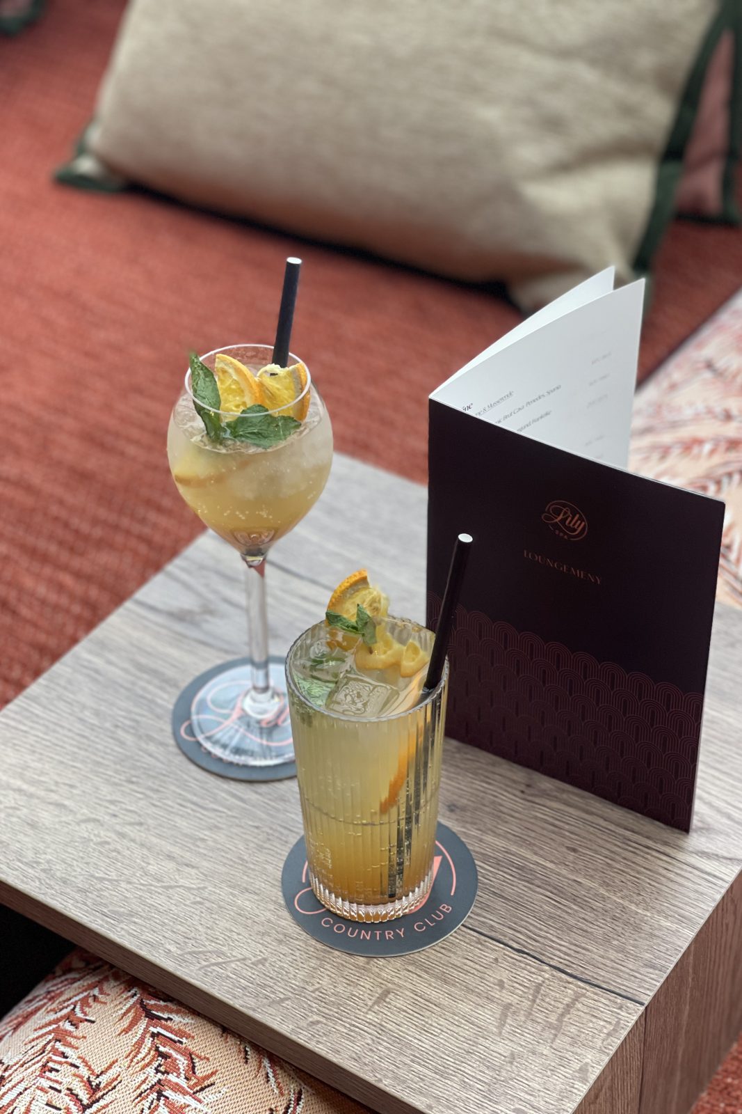 Elegant lounge drinks on a stylish wooden table